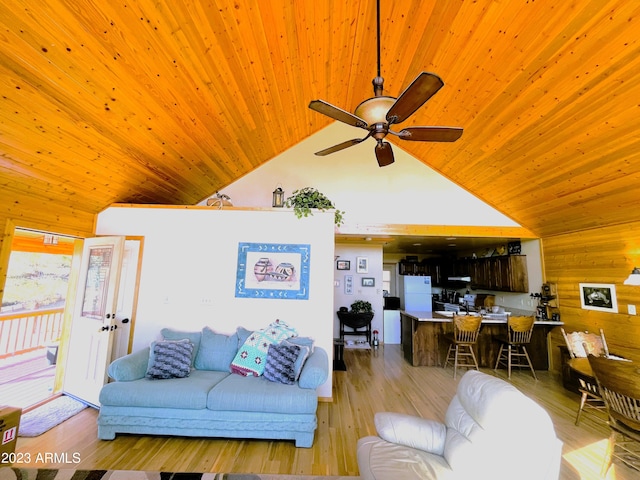 living room with wood ceiling, ceiling fan, high vaulted ceiling, light hardwood / wood-style flooring, and wooden walls