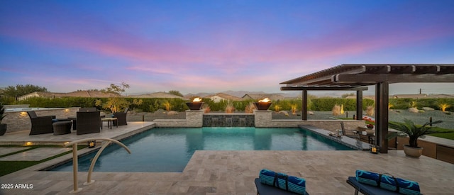 pool at dusk with a pergola, pool water feature, and a patio area