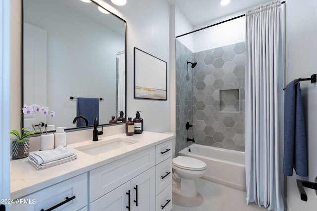 full bathroom with shower / bath combo, tile patterned flooring, toilet, and vanity