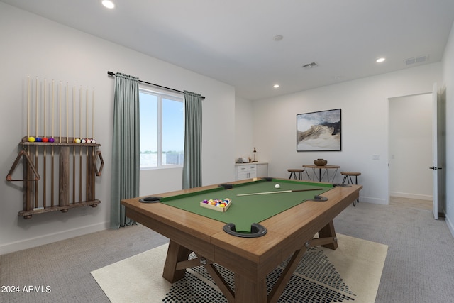 recreation room with light colored carpet and billiards