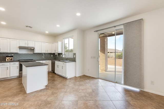 kitchen featuring sink, stainless steel appliances, a kitchen island, backsplash, and white cabinets