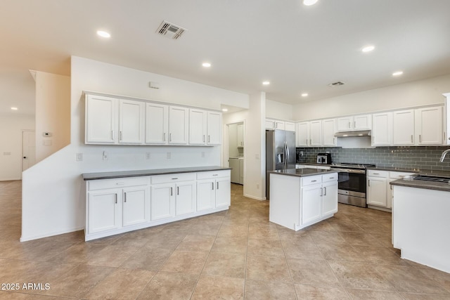 kitchen with white cabinets, a kitchen island, stainless steel appliances, and tasteful backsplash