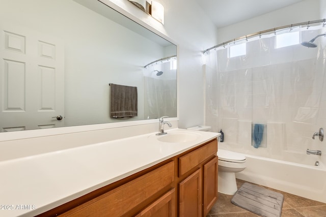 full bathroom with toilet, vanity, tile patterned floors, and shower / bathtub combination with curtain