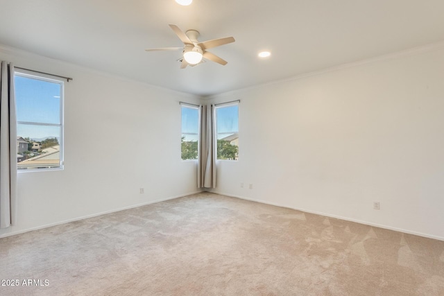 carpeted spare room with ceiling fan and ornamental molding