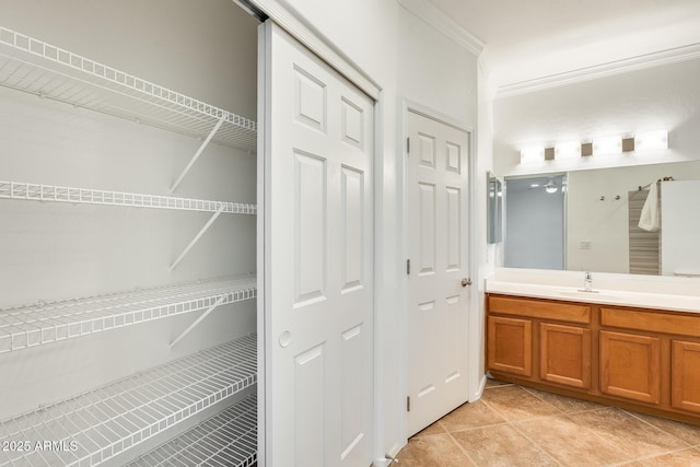 bathroom featuring tile patterned floors, vanity, and ornamental molding