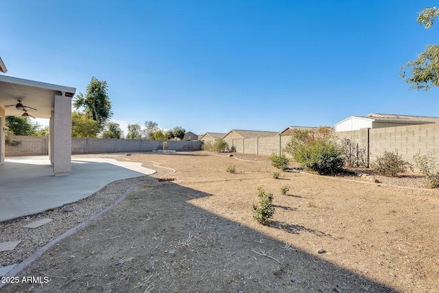 view of yard featuring a patio area and ceiling fan