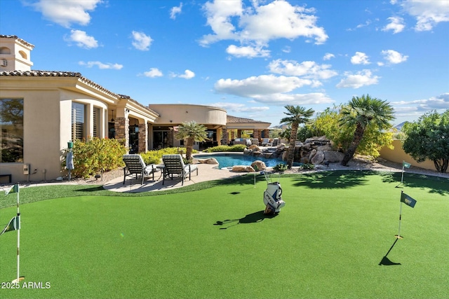 surrounding community with a swimming pool and a patio