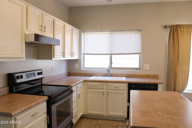 3559 N 143rd Ave, Goodyear, AZ 85395 - kitchen featuring stainless steel electric range oven, under cabinet range hood, a sink, light tile patterned floors, and dishwasher
