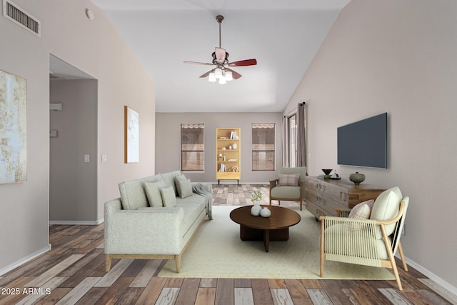 living area featuring visible vents, baseboards, lofted ceiling, wood finished floors, and a ceiling fan