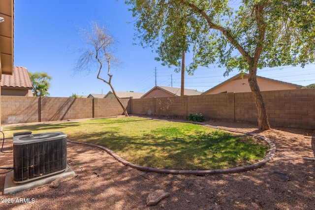 view of yard featuring central air condition unit and a fenced backyard