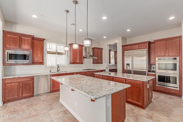 4724 S Anitole Way, Mesa, AZ 85212 - kitchen with built in appliances, a center island with sink, decorative backsplash, wall chimney exhaust hood, and decorative light fixtures