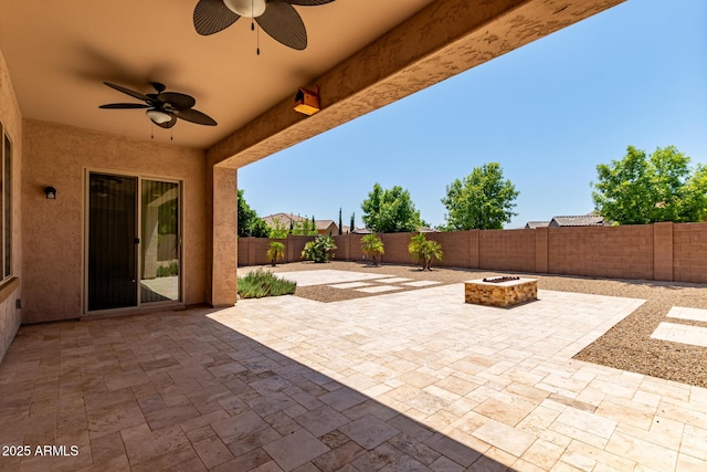 4724 S Anitole Way, Mesa, AZ 85212 - fenced backyard featuring a patio area, a fire pit, and a ceiling fan