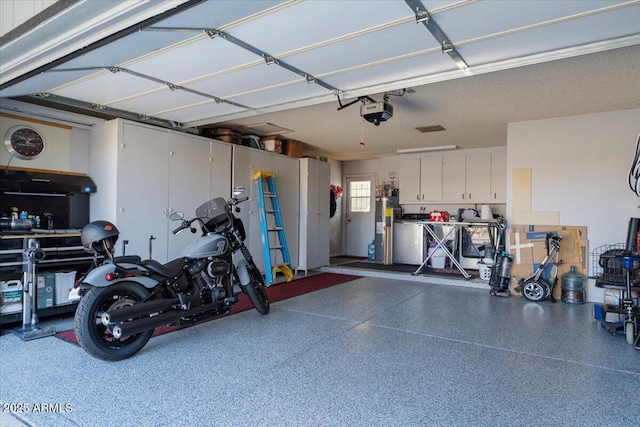 garage featuring a garage door opener and water heater