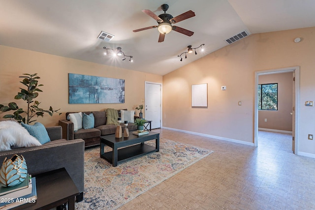 living room with vaulted ceiling and ceiling fan