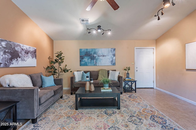 living room featuring ceiling fan