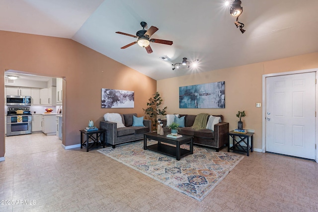 living room with vaulted ceiling and ceiling fan