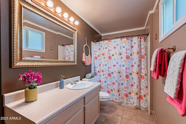 bathroom featuring crown molding, tile patterned flooring, vanity, a shower with curtain, and toilet