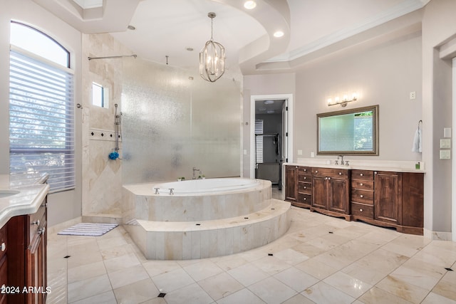 bathroom with plus walk in shower, crown molding, a chandelier, and vanity