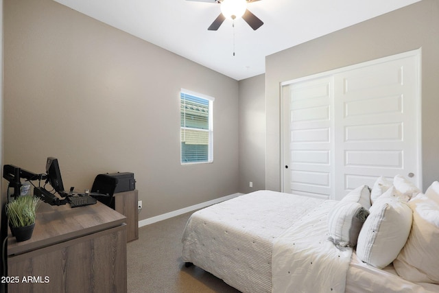 bedroom featuring ceiling fan, carpet floors, and a closet