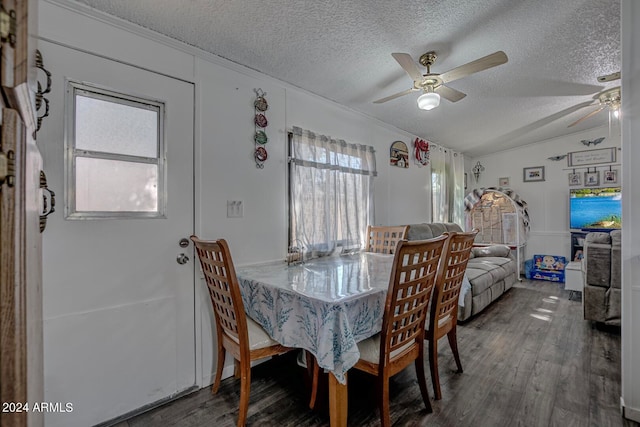 dining room with plenty of natural light, ceiling fan, dark hardwood / wood-style flooring, and a textured ceiling