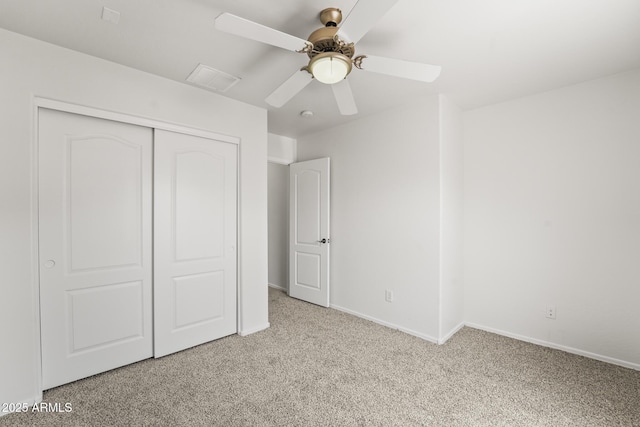 2337 E Fraktur Rd, Phoenix, AZ 85040 - unfurnished bedroom featuring a closet, a ceiling fan, visible vents, baseboards, and carpet flooring