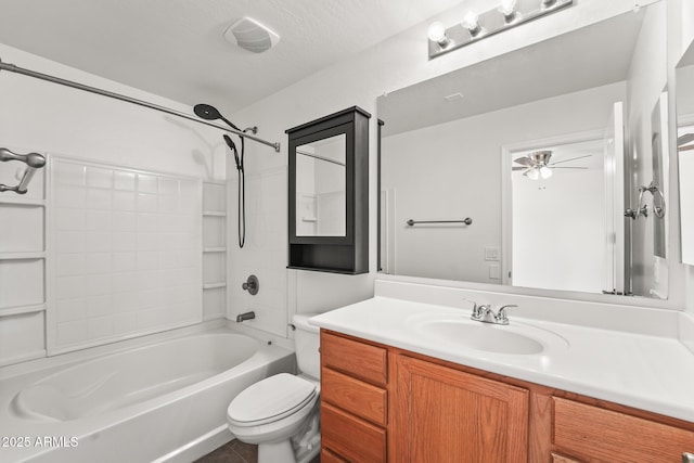 2337 E Fraktur Rd, Phoenix, AZ 85040 - bathroom with vanity, tub / shower combination, toilet, ceiling fan, and tile patterned floors