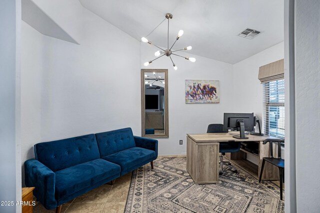3729 W Carlos Ln, San Tan Valley, AZ 85144 - office with lofted ceiling, a chandelier, and ceiling fan