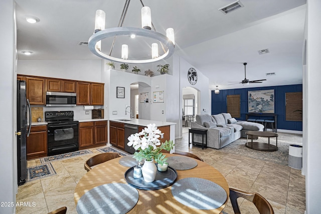 3729 W Carlos Ln, San Tan Valley, AZ 85144 - dining room featuring arched walkways, high vaulted ceiling, and a ceiling fan