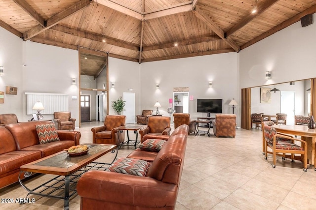 7436 E Chaparral Rd Unit 124B, Scottsdale, AZ 85250 - living room featuring high vaulted ceiling, wood ceiling, beam ceiling, and light tile patterned floors