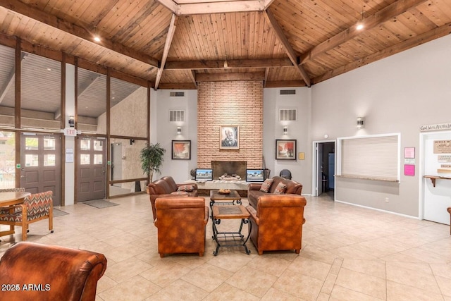 7436 E Chaparral Rd Unit 124B, Scottsdale, AZ 85250 - living room with high vaulted ceiling, wooden ceiling, beamed ceiling, light tile patterned flooring, and baseboards