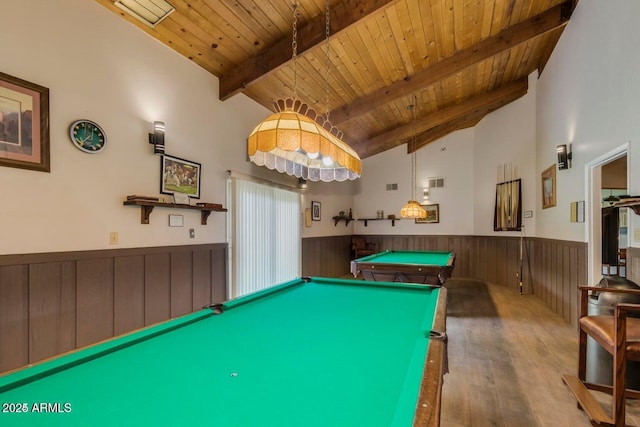 7436 E Chaparral Rd Unit 124B, Scottsdale, AZ 85250 - rec room with wood finished floors, a wainscoted wall, pool table, and wooden ceiling