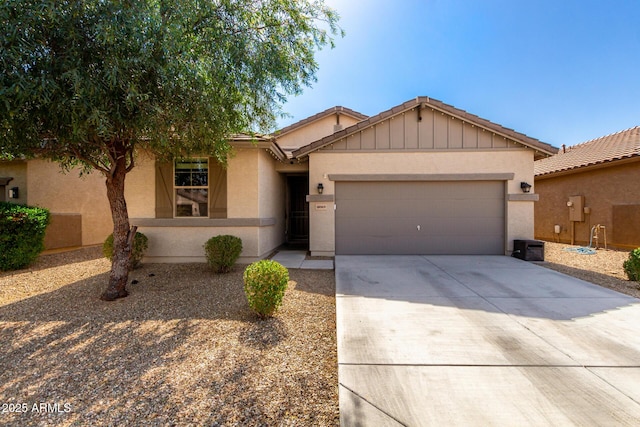 ranch-style home with a garage, concrete driveway, a tile roof, and stucco siding