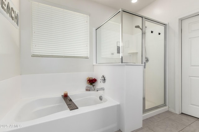 full bath with recessed lighting, a garden tub, a shower stall, and tile patterned floors