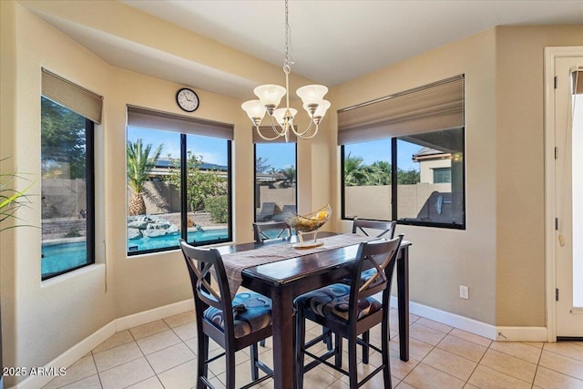 dining room with a chandelier, light tile patterned floors, and a wealth of natural light