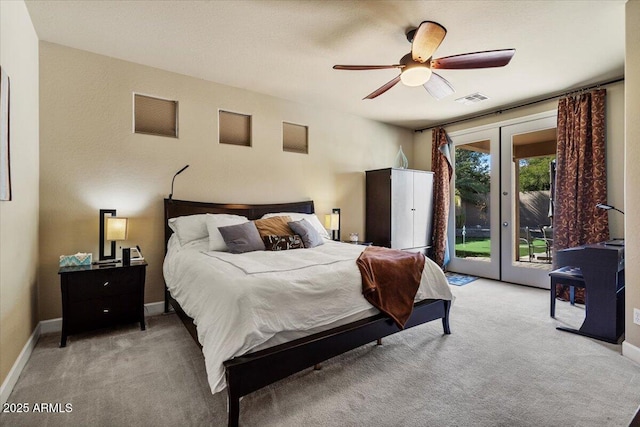 bedroom with light colored carpet, visible vents, baseboards, access to outside, and french doors