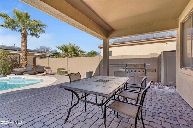 view of patio featuring a fenced in pool, outdoor dining space, a fenced backyard, and area for grilling