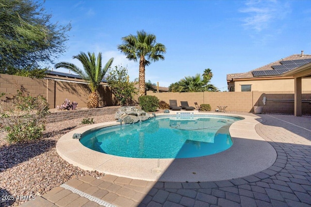 view of swimming pool with a fenced backyard, a fenced in pool, and a patio