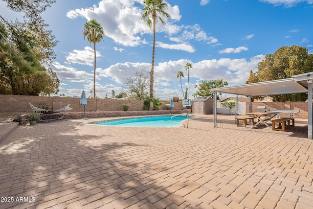 view of swimming pool featuring a fenced backyard, a storage unit, and a patio