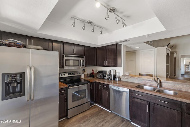 kitchen with wood finished floors, a sink, stainless steel appliances, dark brown cabinets, and a raised ceiling