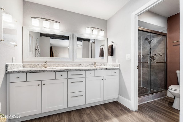 bathroom with vanity, wood-type flooring, a shower with door, and toilet