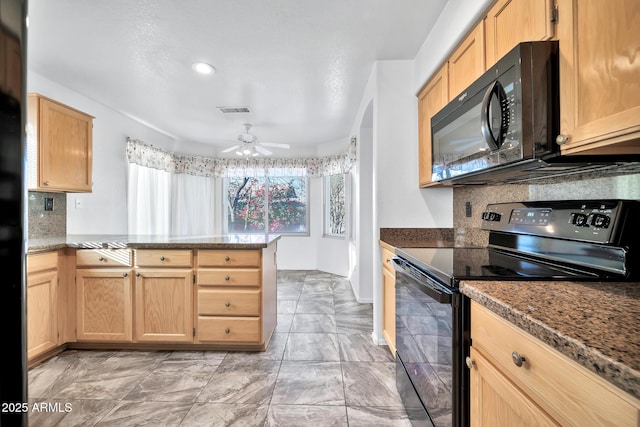 kitchen with kitchen peninsula, ceiling fan, black appliances, and light brown cabinets