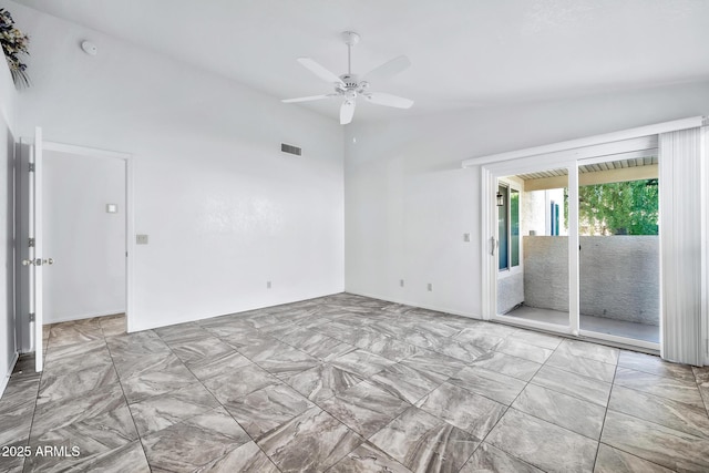 unfurnished room with vaulted ceiling and ceiling fan