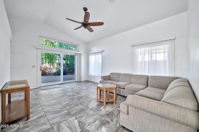 living room with lofted ceiling and ceiling fan