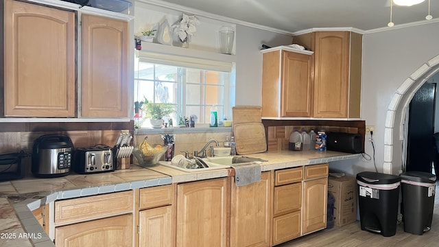 kitchen with sink, decorative backsplash, ornamental molding, tile counters, and light brown cabinets