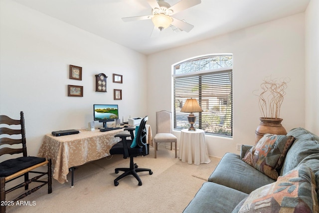 home office with carpet and ceiling fan