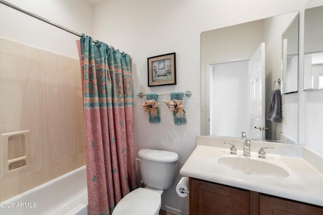 full bathroom featuring shower / bath combination with curtain, vanity, and toilet