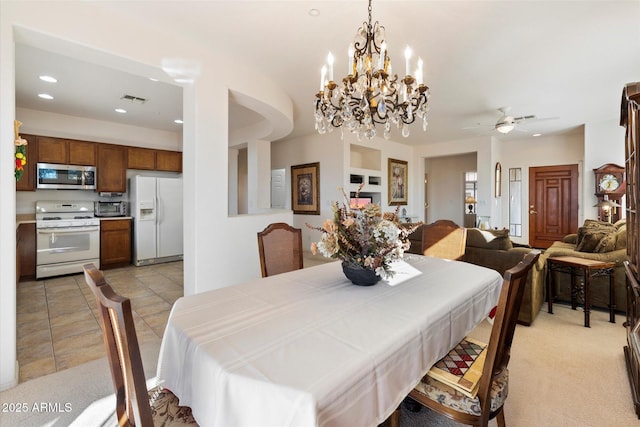 dining space featuring light tile patterned flooring, a toaster, recessed lighting, a ceiling fan, and visible vents