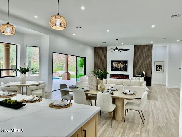 dining area featuring ceiling fan, a healthy amount of sunlight, and light hardwood / wood-style floors