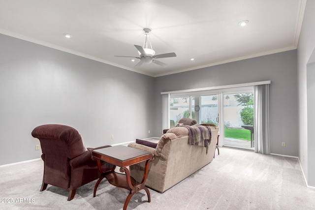 living room with ceiling fan, recessed lighting, light colored carpet, baseboards, and crown molding