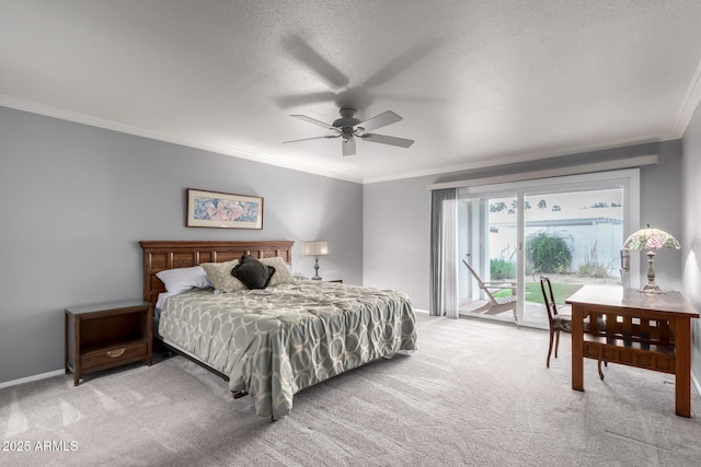 bedroom featuring carpet floors, a ceiling fan, baseboards, access to exterior, and ornamental molding